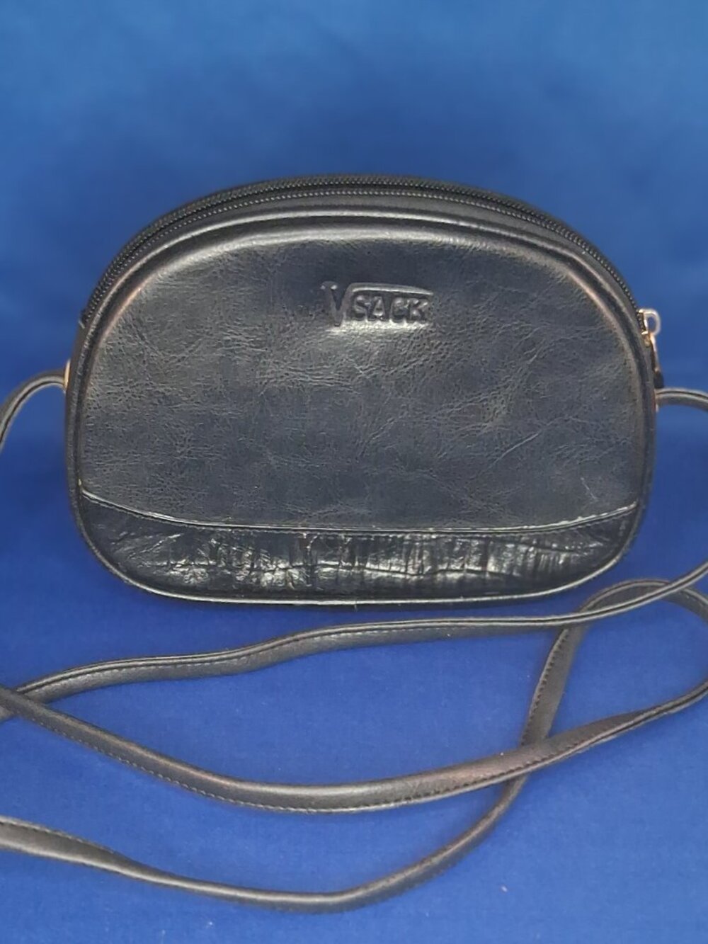 VTG V SACK Black Oval Crossbody Bag Faux Leather Croc Trim Camera Bag 90s